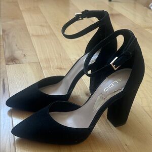 ALDO Faux Suede Black Pointed Toe Ankle Strap Heels